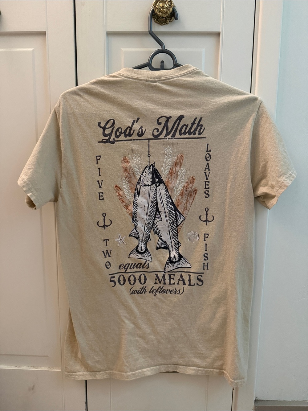 Gildan Tan Graphic Tee "God's Math" with Fish Print
